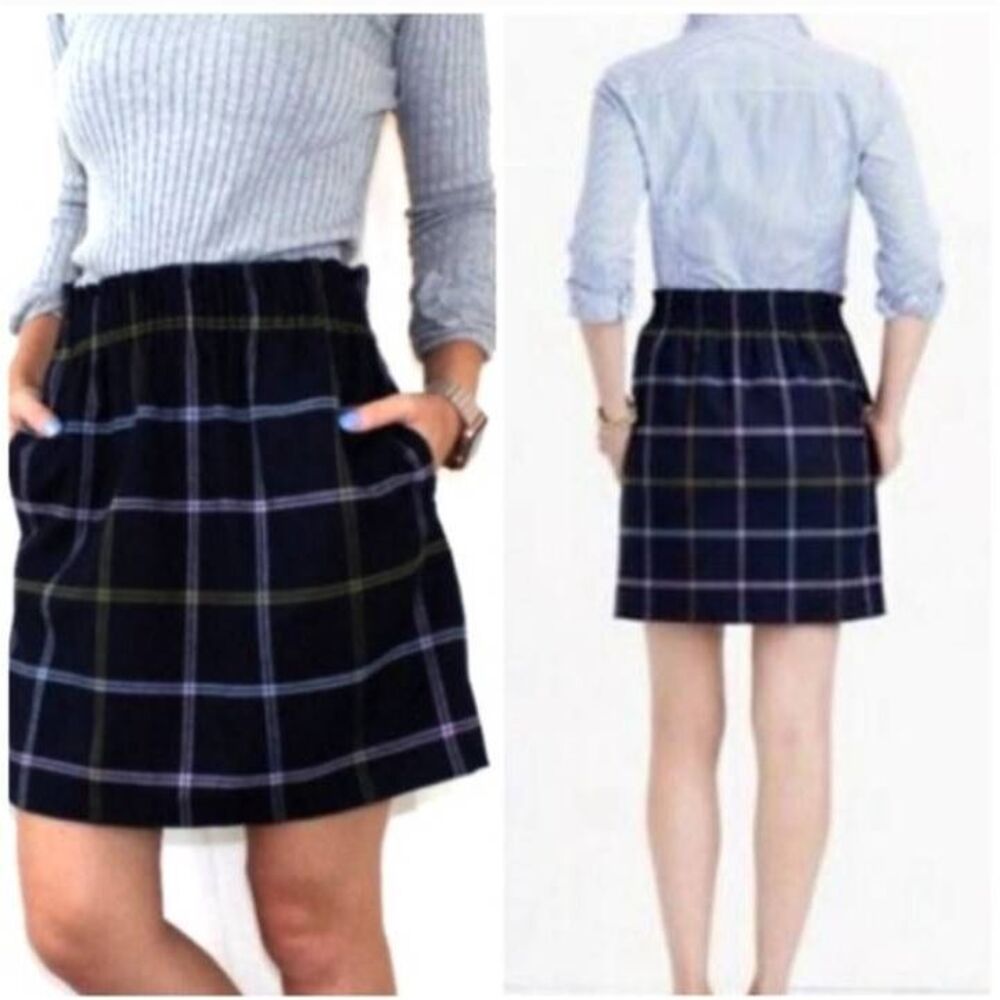 J crew wool blend blue plaid paper bag waist mini length size 4 with pockets tar